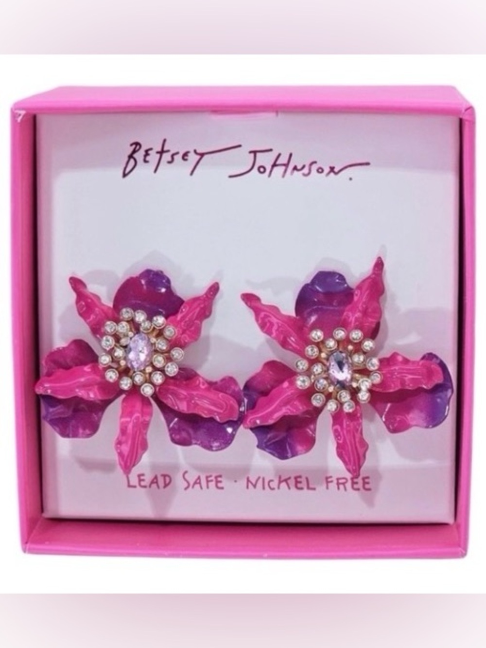 BETSEY JOHNSON Vibrant Pink & Purple Ombré Crystals Rare Orchid Earrings NEW NWT